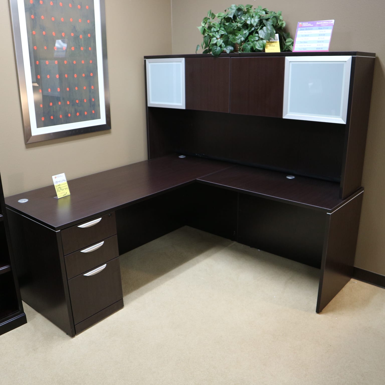 L-Desk with Hutch - 2 Glass Doors