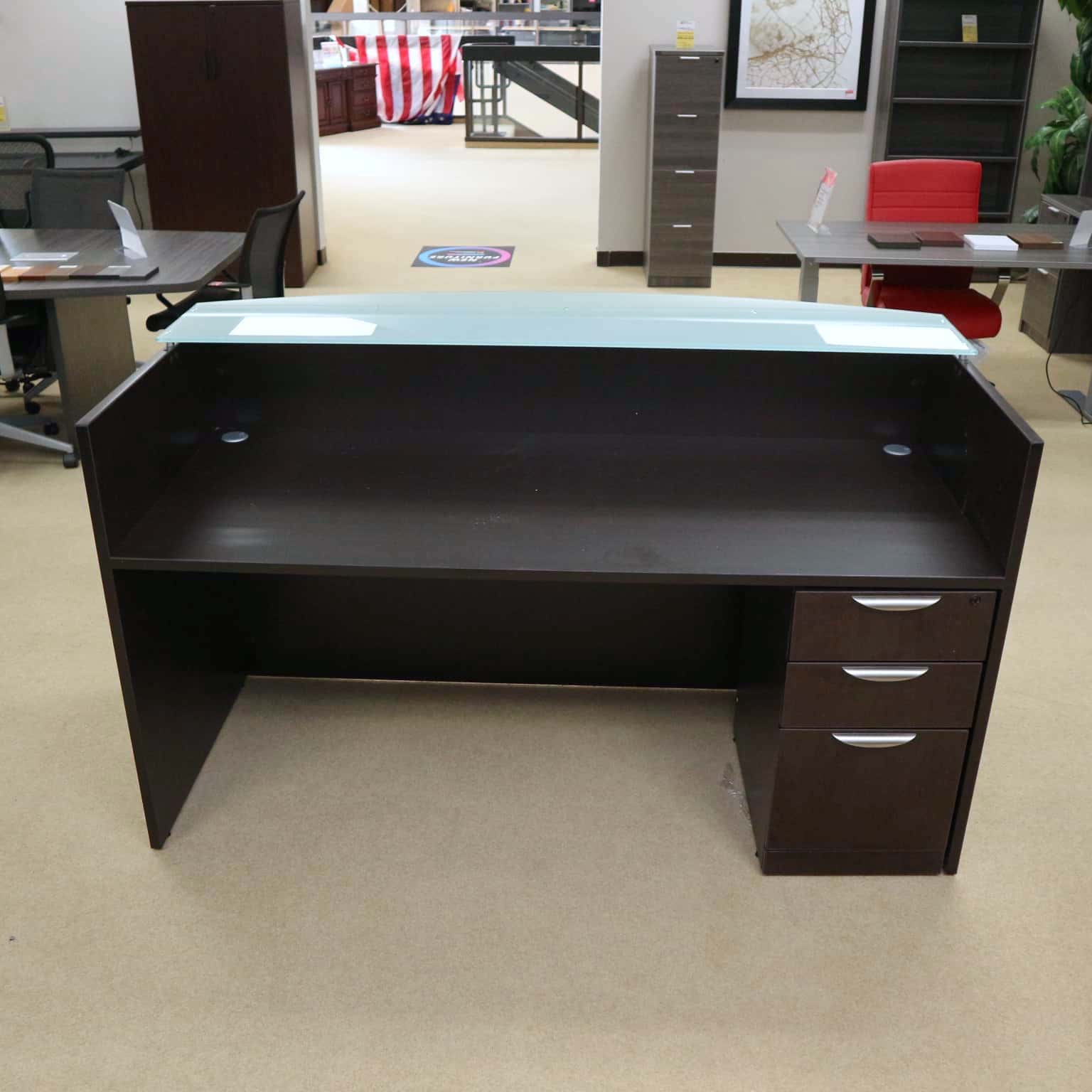 New - 71" Modern Reception Desk with Glass Transaction Top, Colors Office Furniture