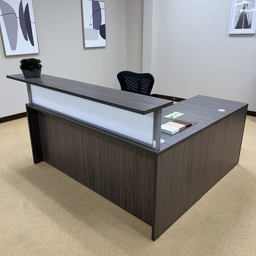 dark grey Modern Reception L-Desk with Acrylic Panel, laminate new office furniture