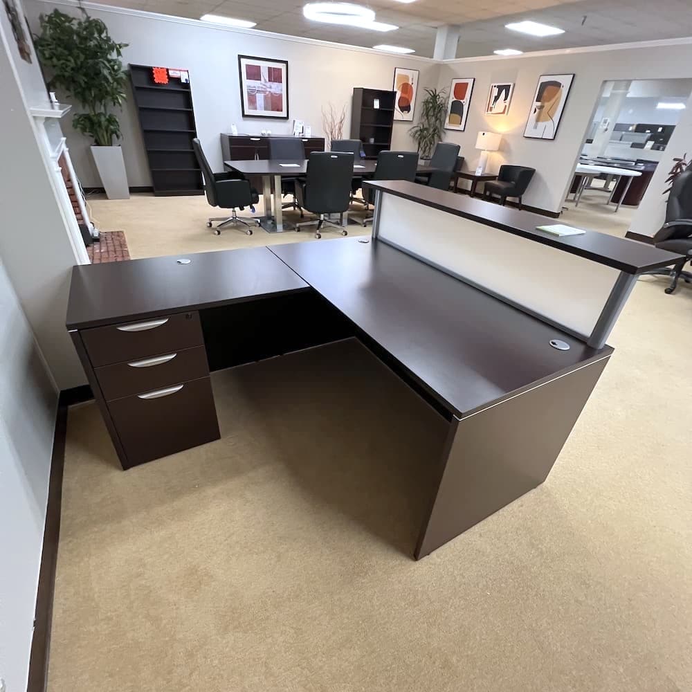 Espresso dark brown Modern Reception L-Desk with Acrylic Panel, laminate office furniture