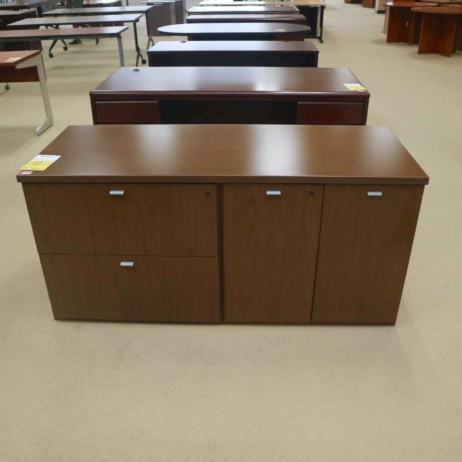 66″ Wide Walnut/Silver Modern Credenza with 2 Lateral Files Office