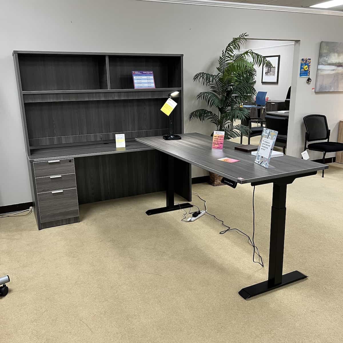 Adjustable Height Electric L-Desk & Credenza with Hutch