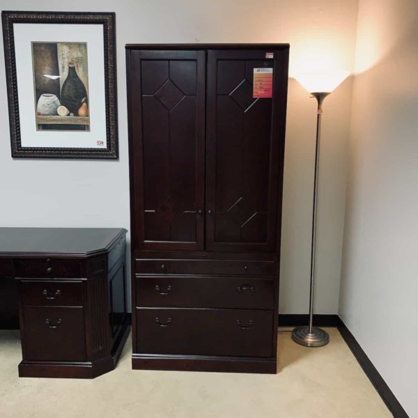 Mahogany-transitional-1-shelf-2-drawer-lateral-cabinet-with-doors