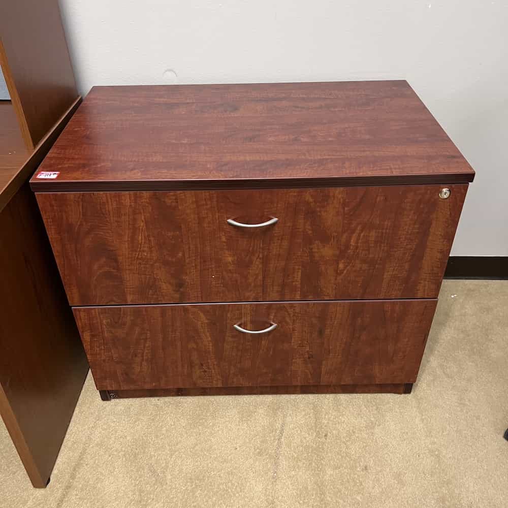 cherry 2 drawer lateral file with silver pulls