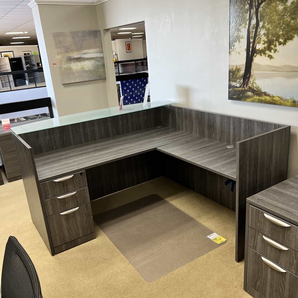New - 71" x 72" Reception L-Desk with Glass Transaction Top, Various Colors