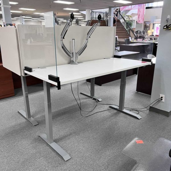 69" Wide White/Silver Adjustable Height Standing Desk with Glass Panel & Monitor Stands