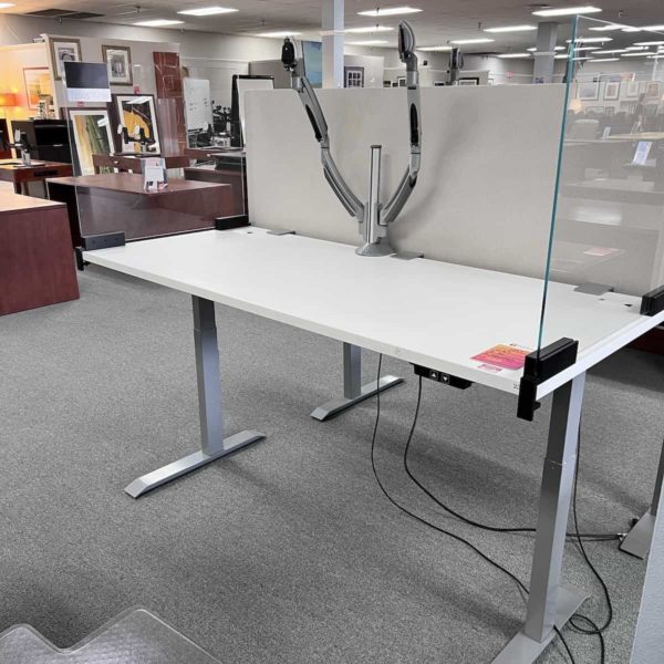 69" Wide White/Silver Adjustable Height Standing Desk with Glass Panel & Monitor Stands - Image 3
