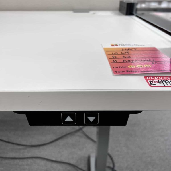 69" Wide White/Silver Adjustable Height Standing Desk with Glass Panel & Monitor Stands - Image 4