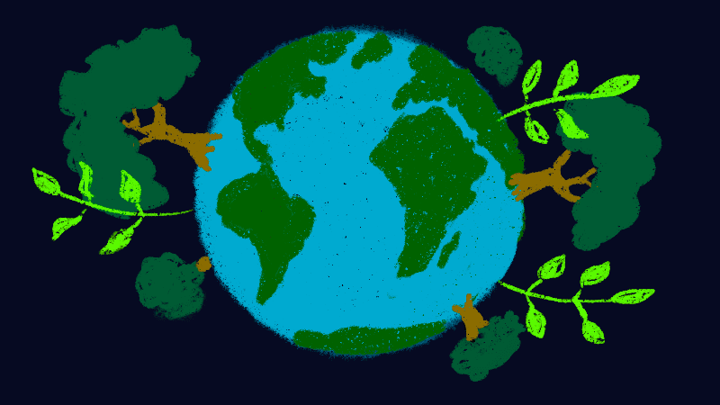 earth illustration from space with trees and branches growing from it