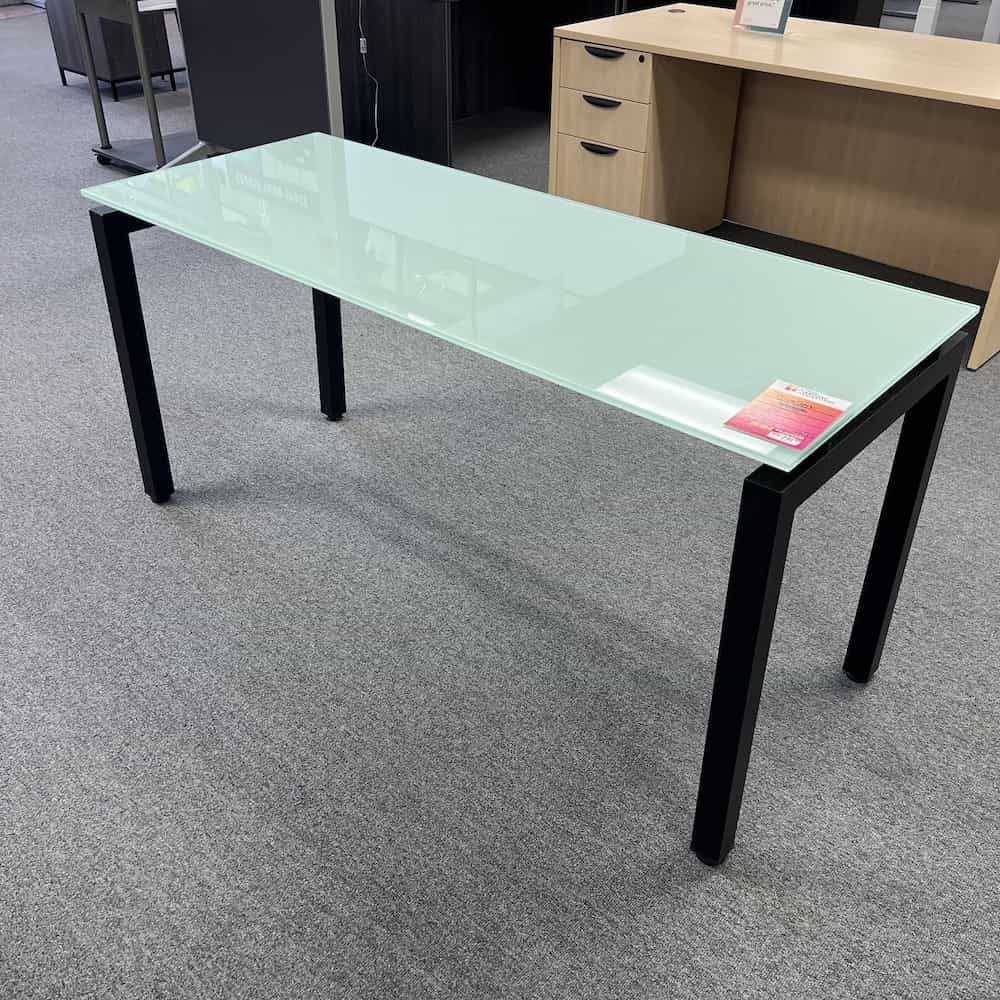 green glass desk with black metal legs modern
