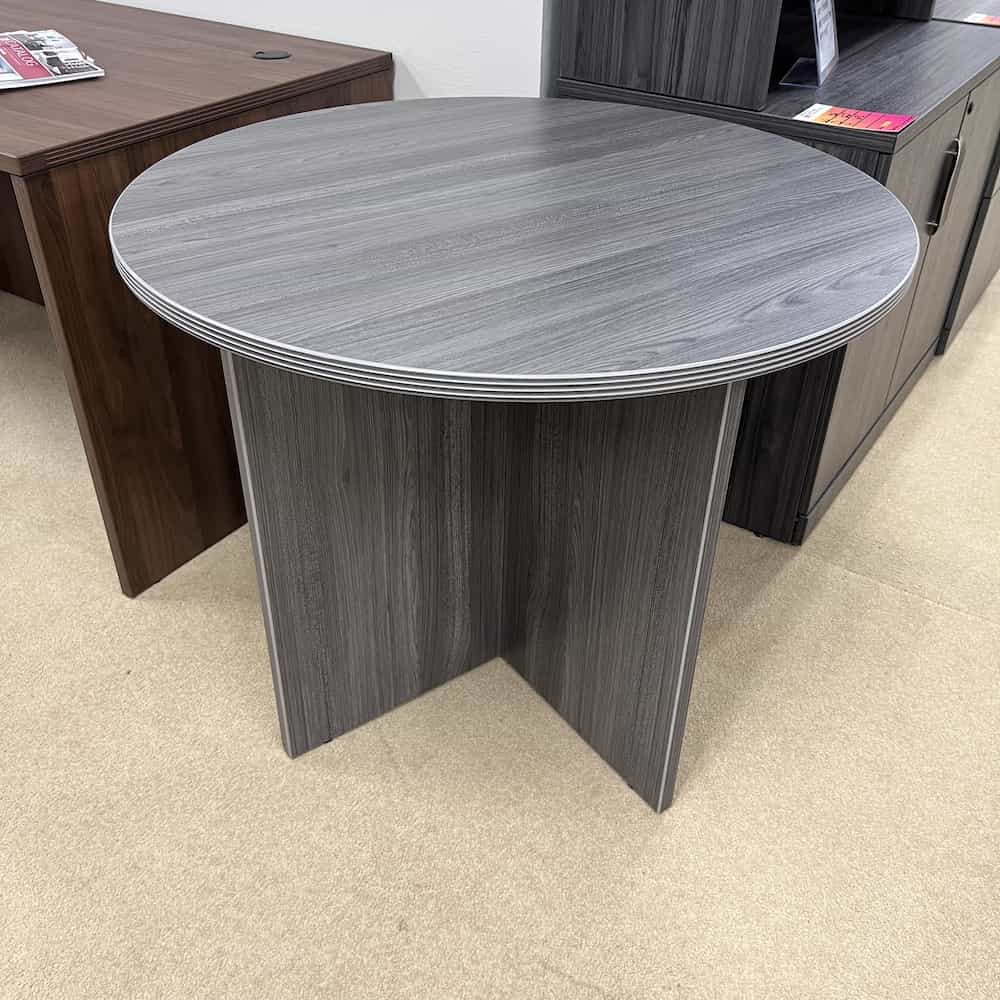 36 round break room table in samoa grey, new, laminate