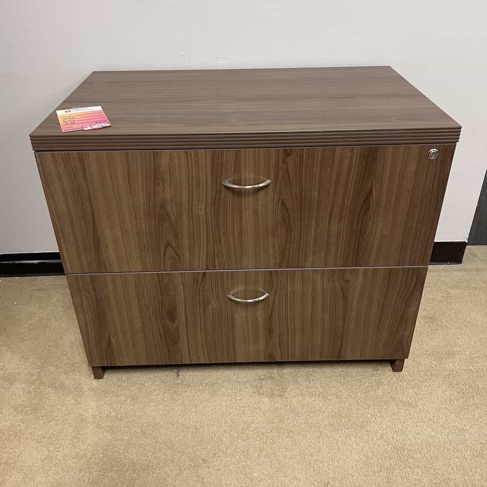 walnut 2 drawer lateral file cabinet with a fluted edge top
