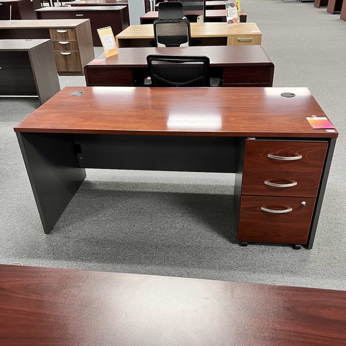 60" Wide Mahogany/Grey Desk - 1 Rolling Pedestal