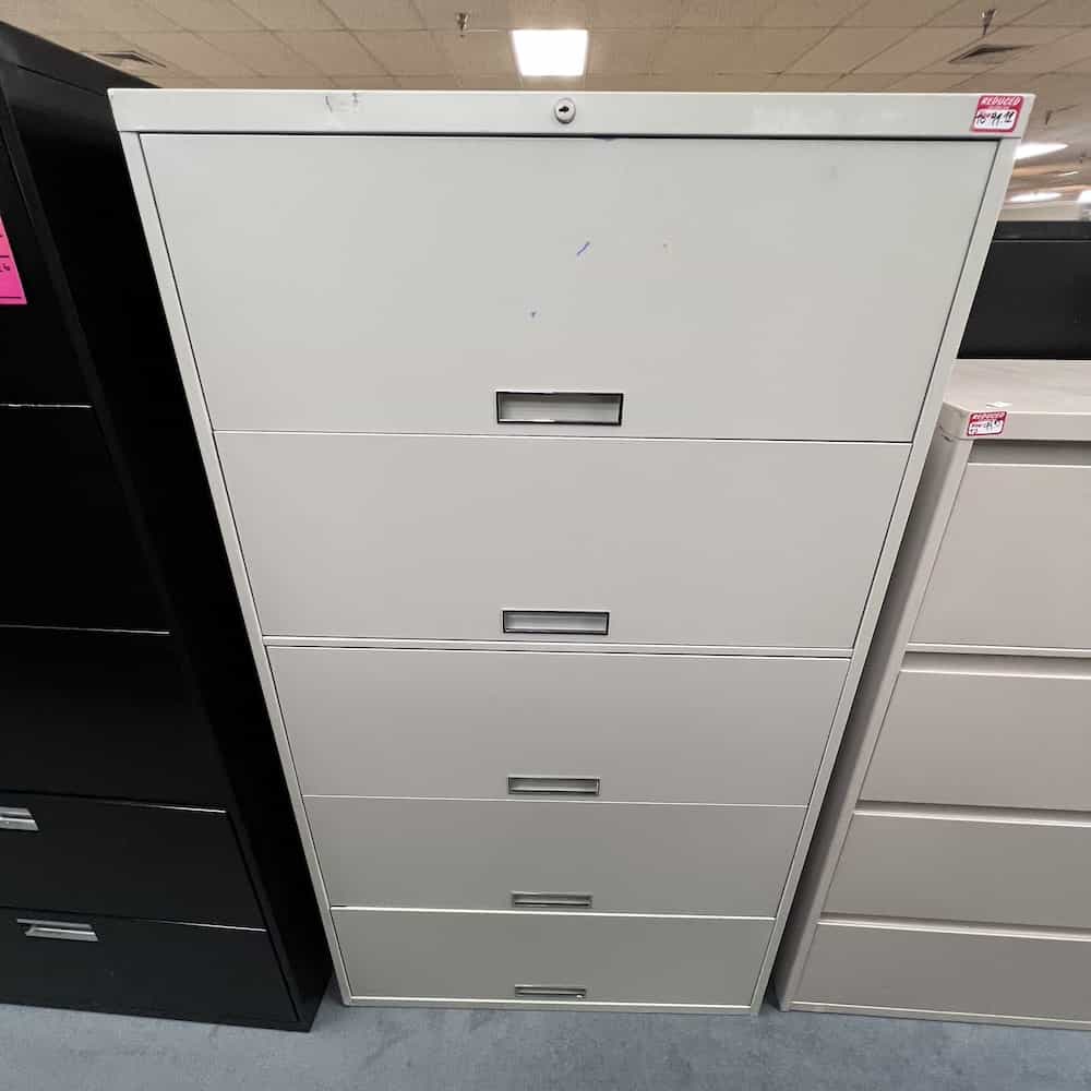 light grey steelcase metal 5 drawer lateral file with top drawer retractable