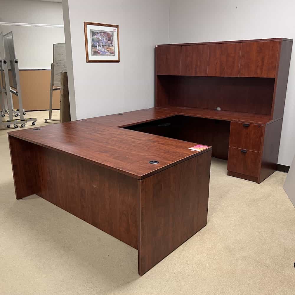 71" Wide Cherry U-Desk with Hutch and 2 Pedestals - Right Return