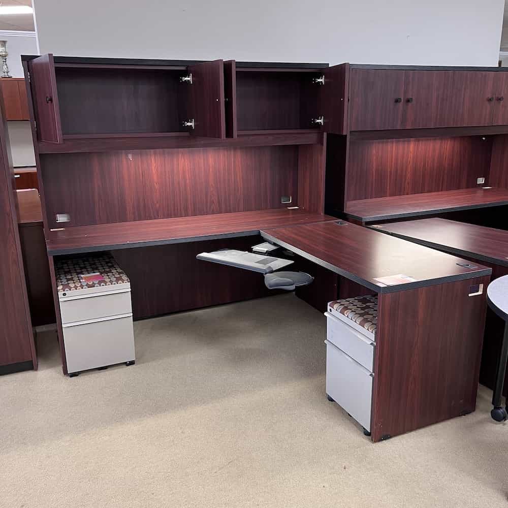 72" Wide Mahogany/Black L-Desk Shell with Hutch and Light - Right Return - Image 2