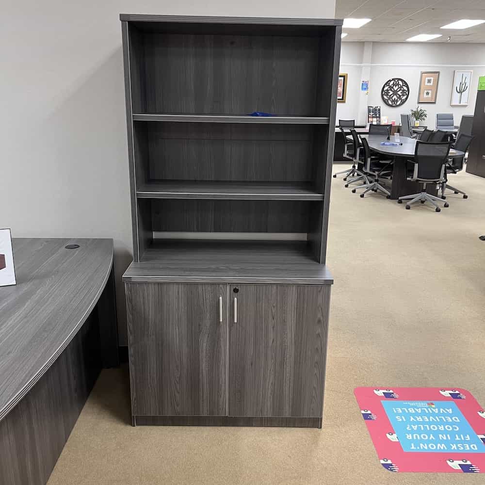 29" high storage cabinet with doors and bookshelf hutch on top