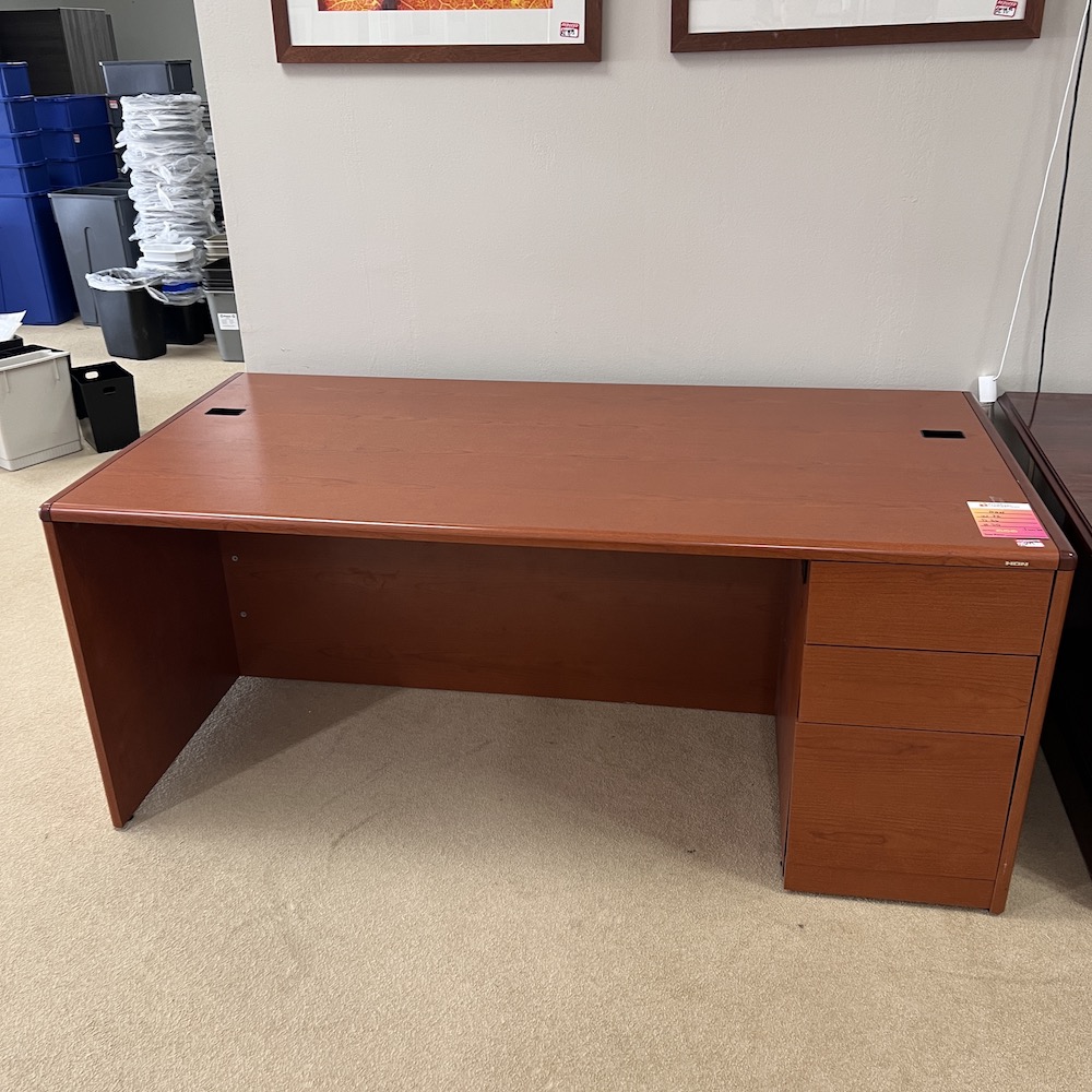 cherry hon laminate desk with rounded edges, one box box file, no handles