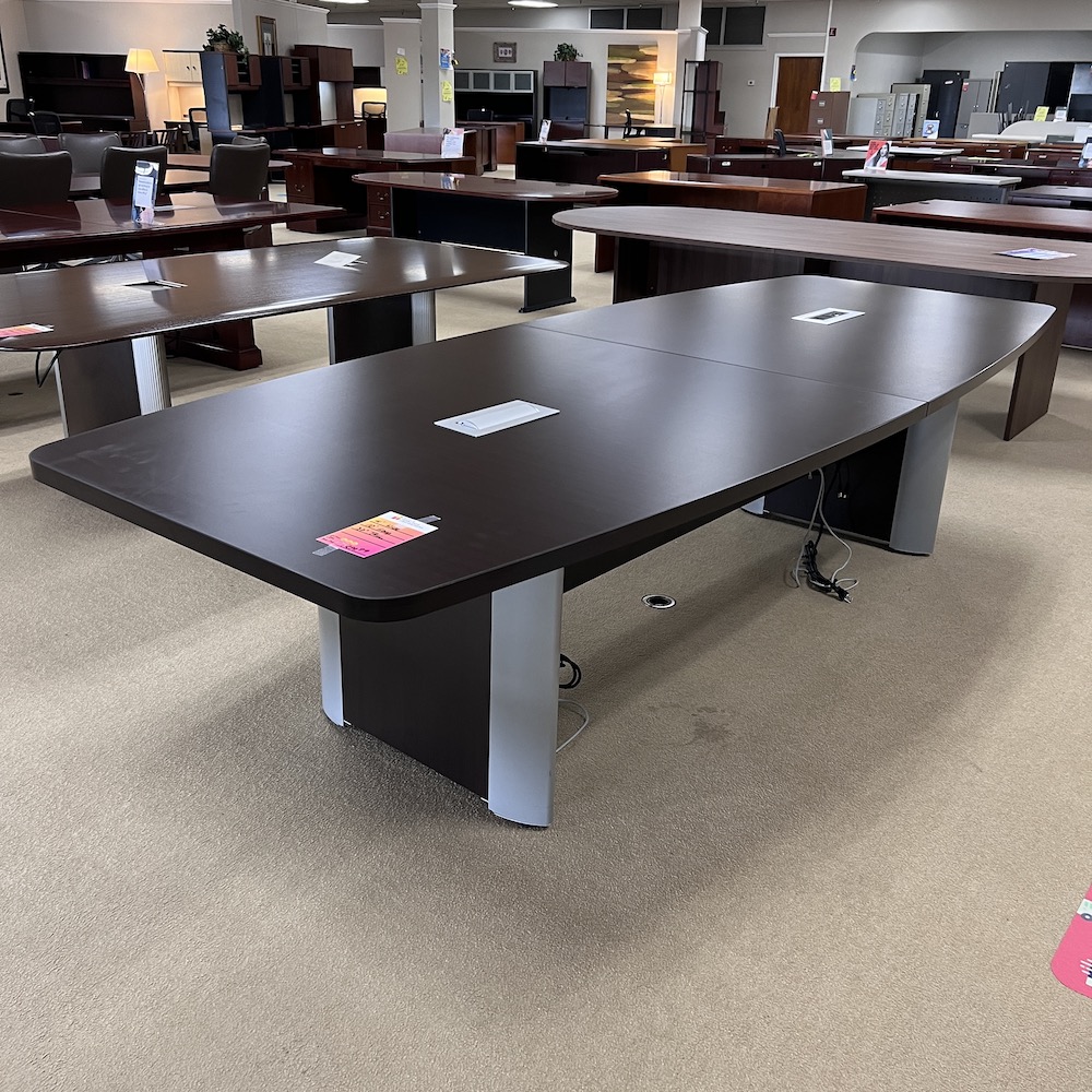 8 Ft Espresso and Brushed Silver Boatshaped Conference Table