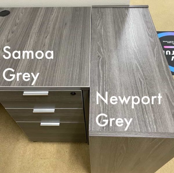 desk top on the left and bookcase top on the right, showing the similarities between finishes samoa grey and newport grey