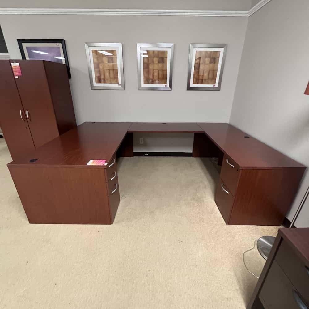72" High Kimball Cherry and Silver U-Desk with 2 Pedestal Files - Right Return