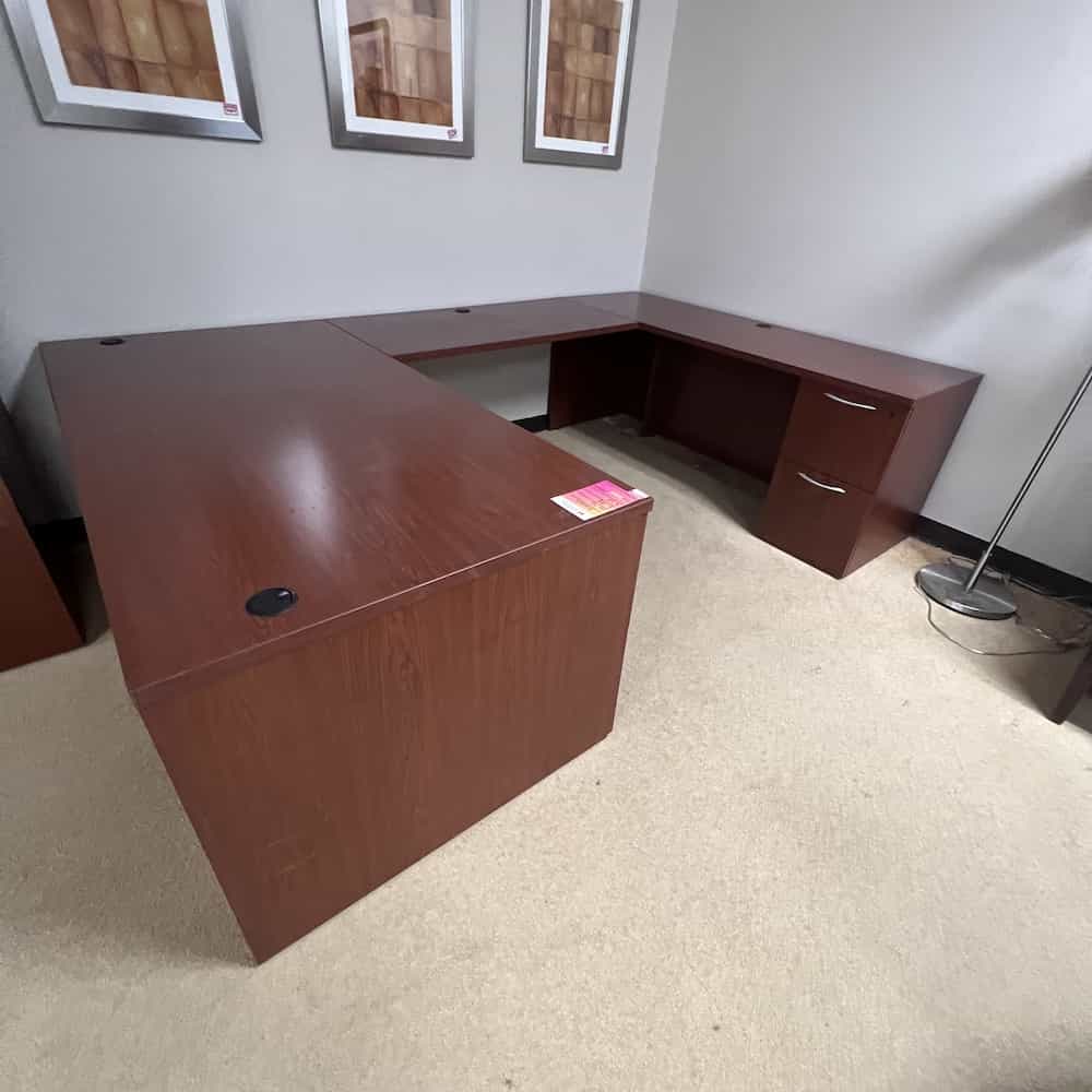 72" High Kimball Cherry and Silver U-Desk with 2 Pedestal Files - Right Return - Image 2