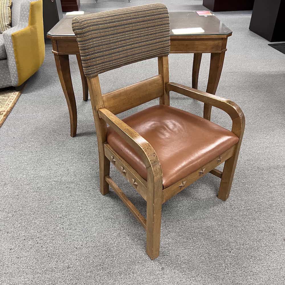 wood chair with top half upholstered, leather light brown seat, 3 stars on each side-front