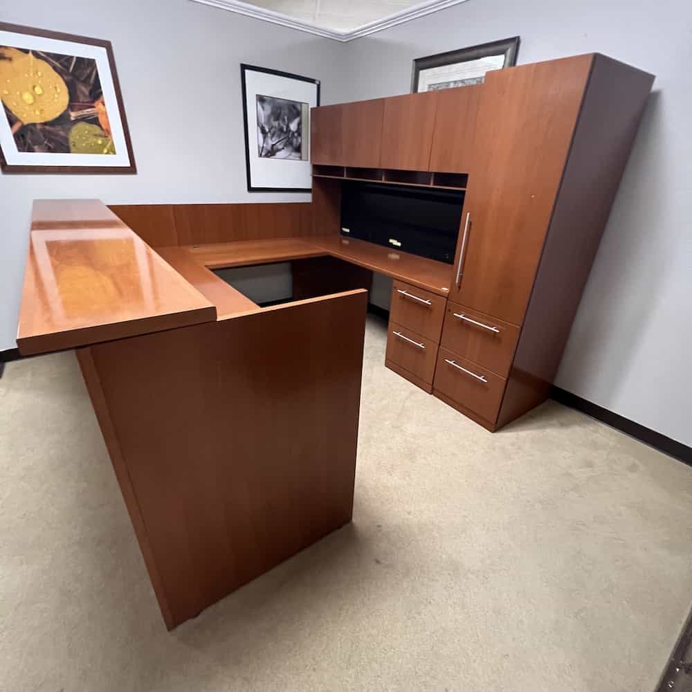 cherry honey and silver u-desk reception station with wardrobe geiger used