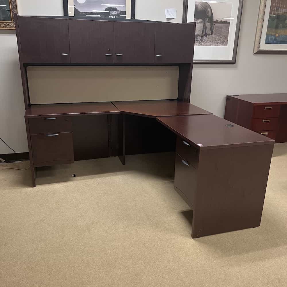72" Mahogany Corner Desk with Hutch with 2 Hanging Files