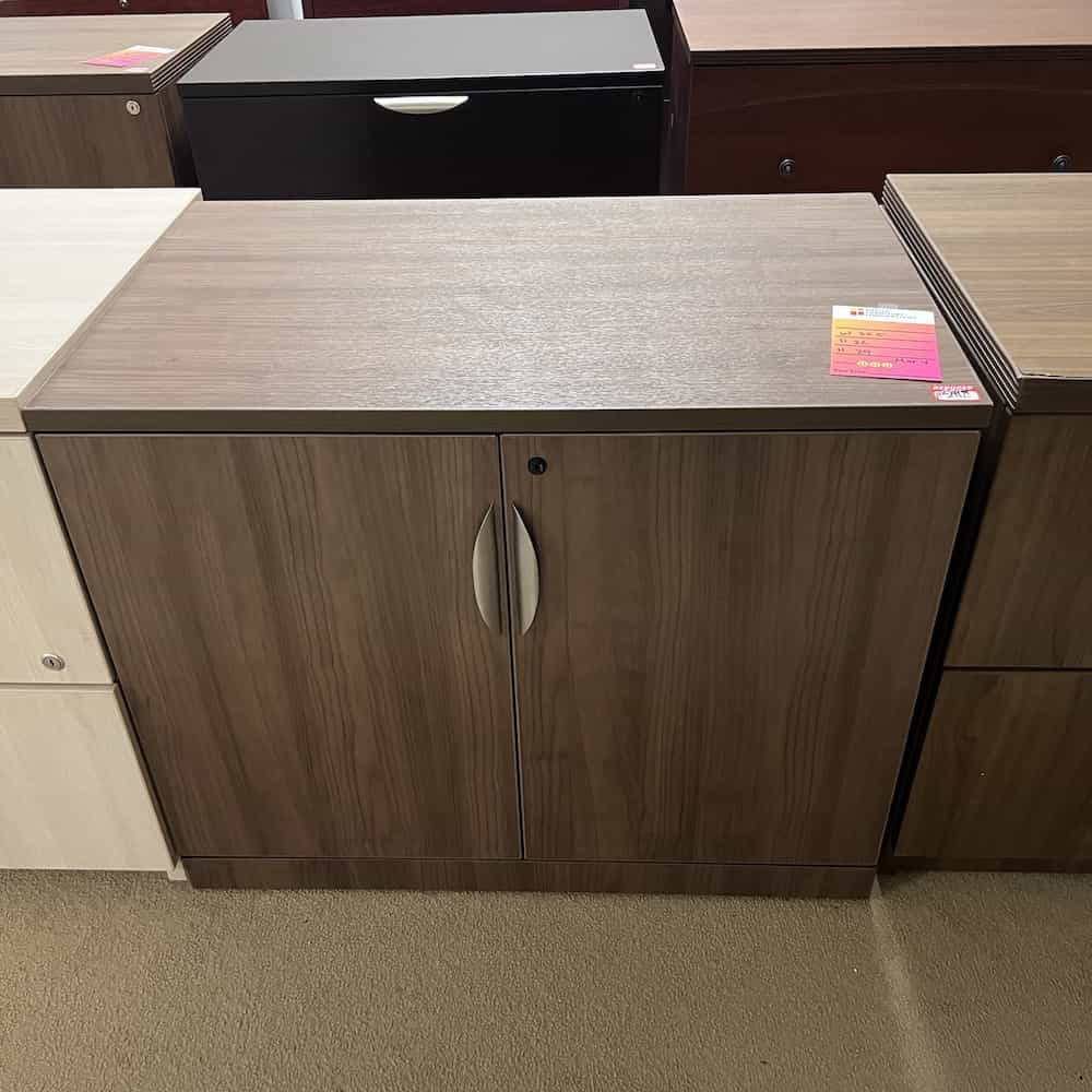 walnut 2 door storage cabinet laminate with silver pulls