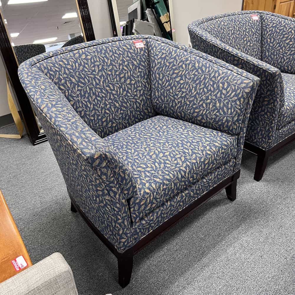 blue and green leaf pattern upholstery club arm accent chair