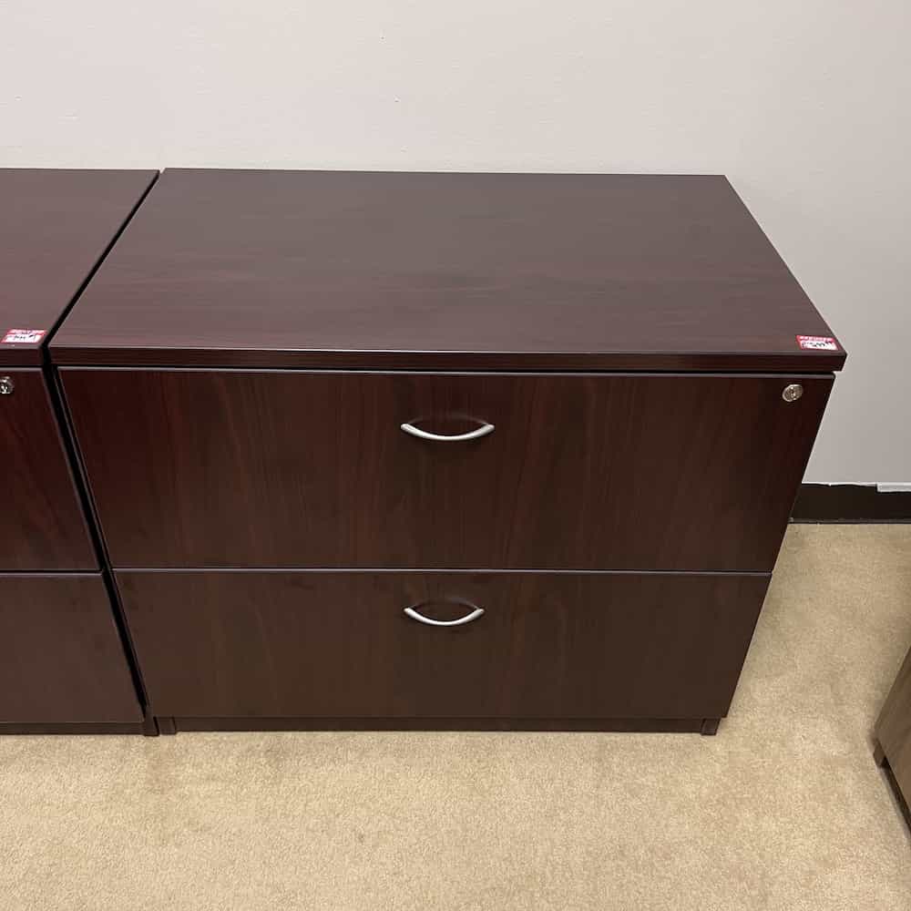 mahogany 2 drawer lateral laminate with silver pulls