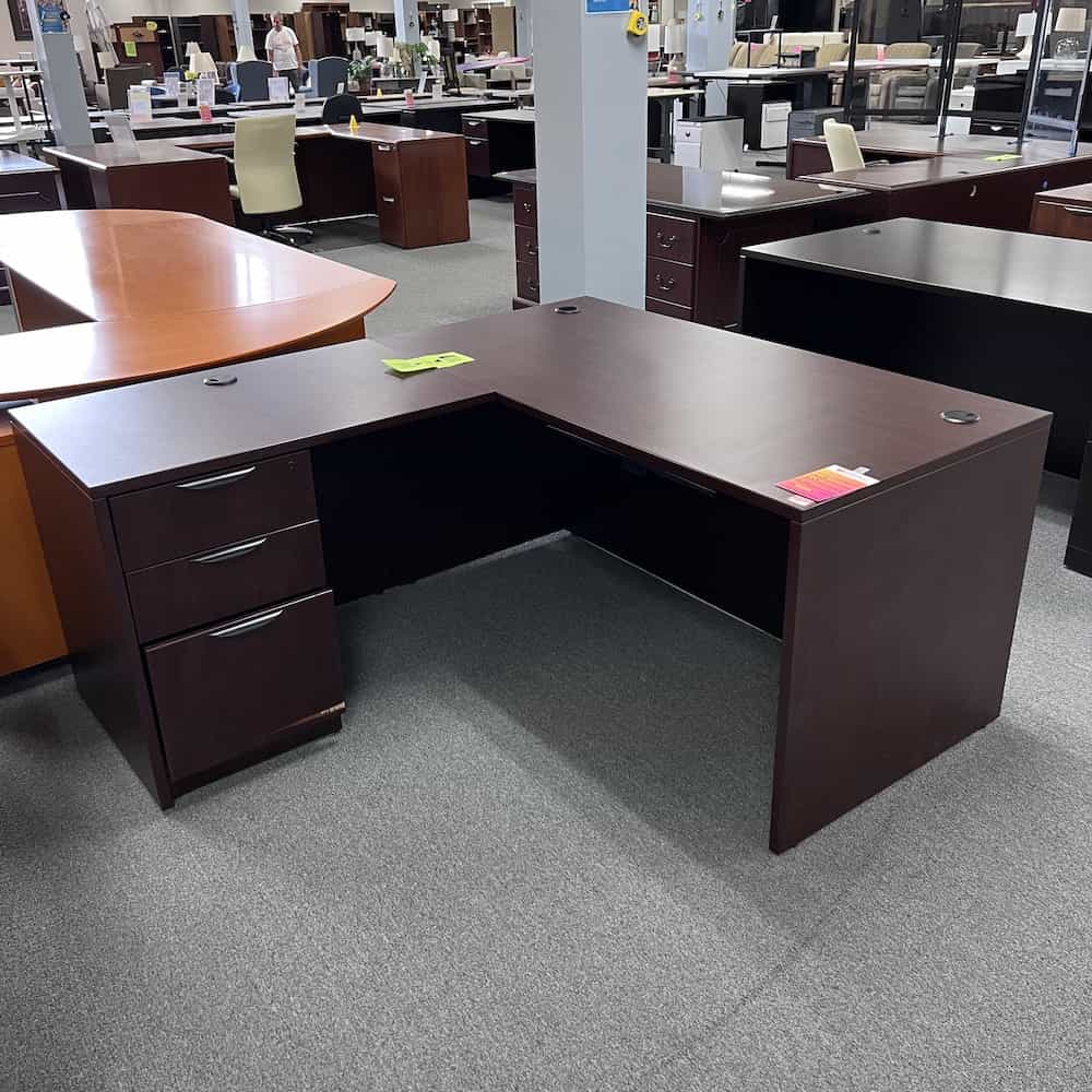 mahogany l-desk left return with one pedestal