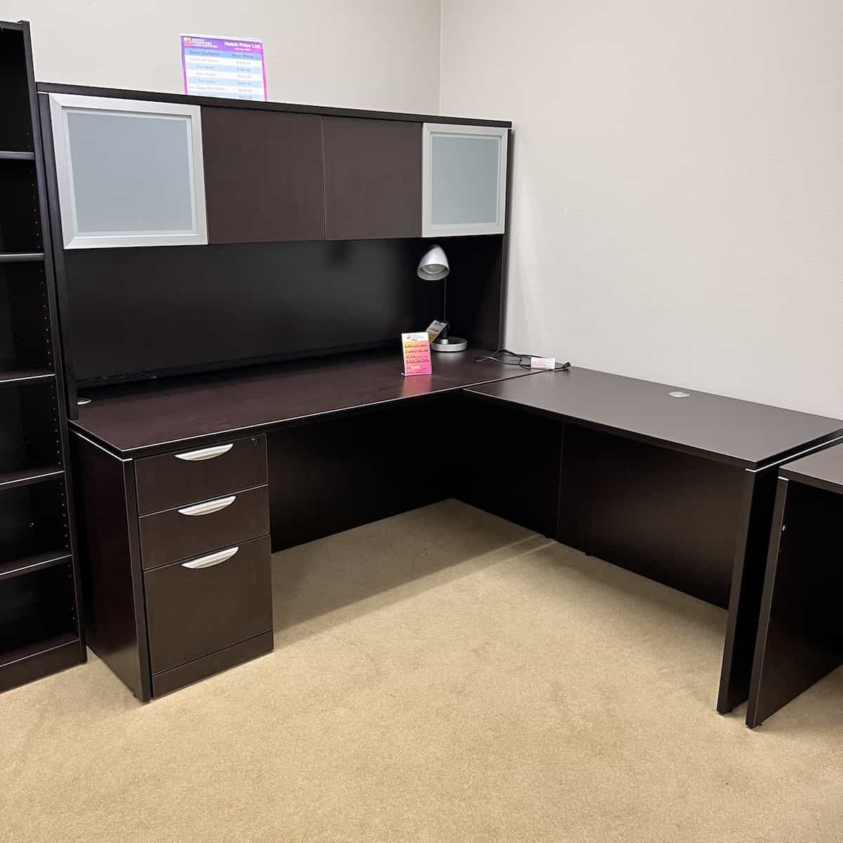 L-Desk with Hutch - 2 Glass Doors, 2 laminate doors