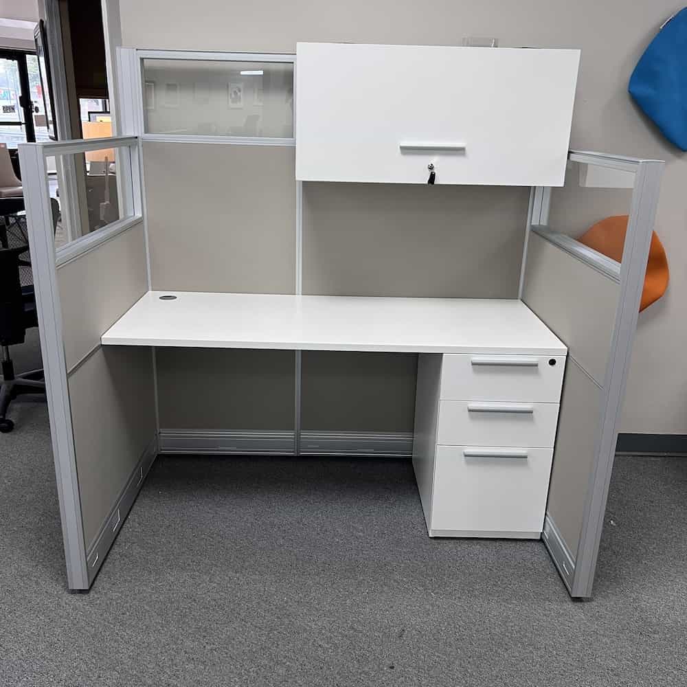 unline cubicle new! white laminate with box box file and over head storage