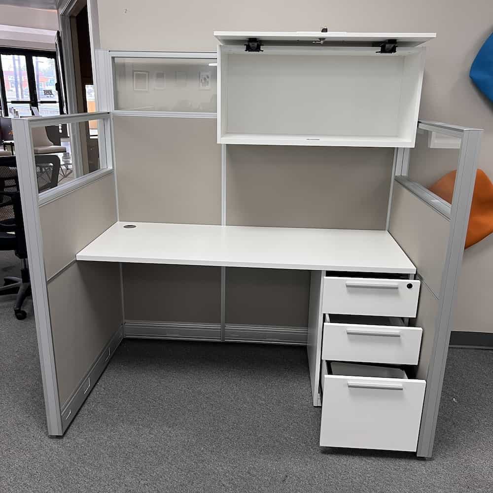 unline cubicle new! white laminate with box box file and over head storage