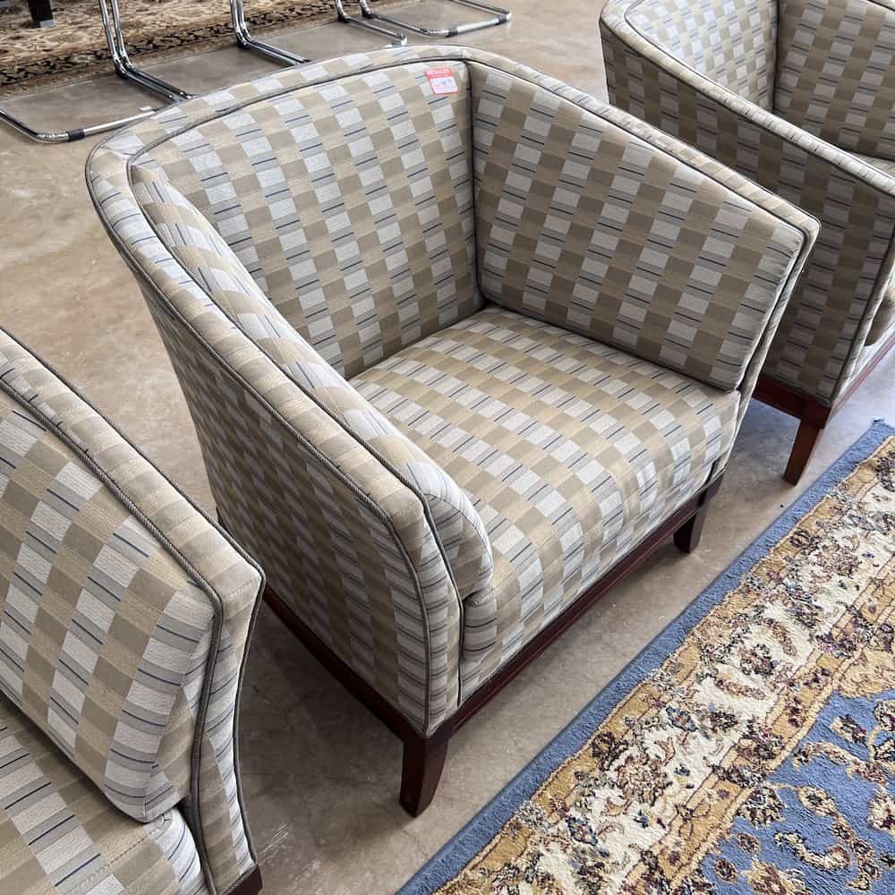 tan and gold checkered upholstery arm chair used
