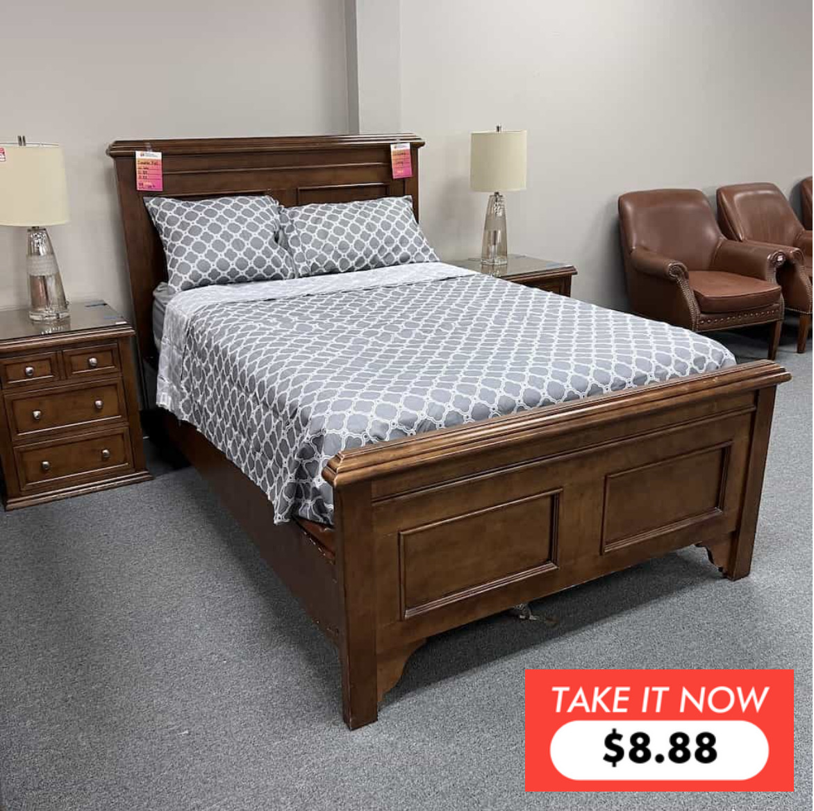 walnut bed frame, king or full, take it now price sticker reads: $8.88
