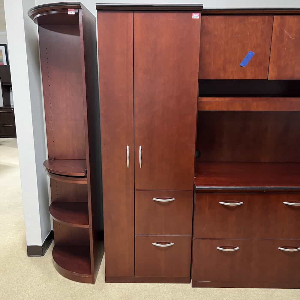 cherry office wardrobe with file/file drawers and cabinet, silver pulls