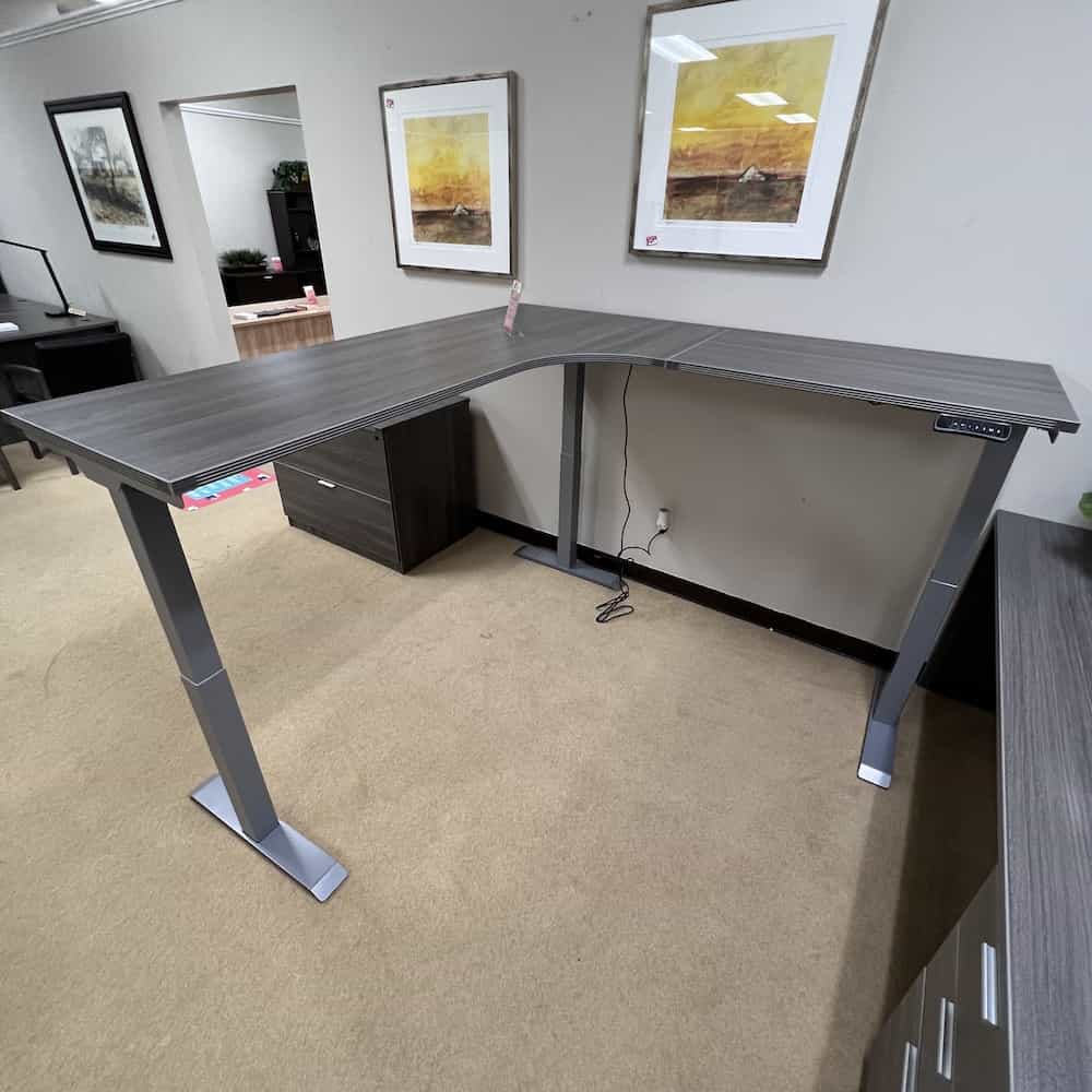 new height adjustable l-desk programmable grey with grey metal base