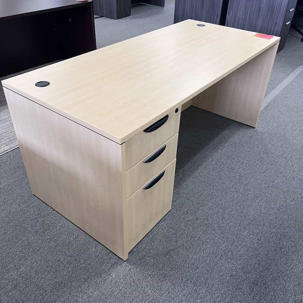 66x30 maple desk with box box file on the left, black handles