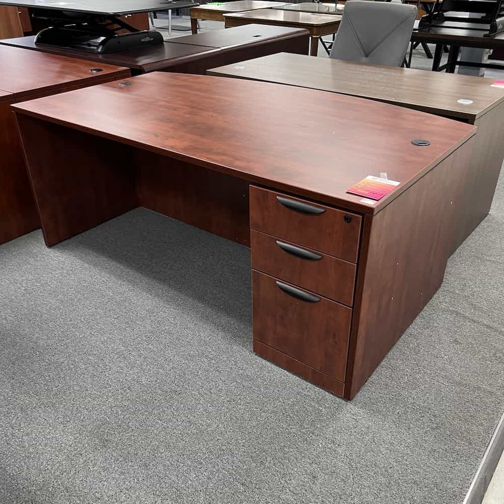 cherry laminate bow front desk with one file cabinet box/box/file and black pulls
