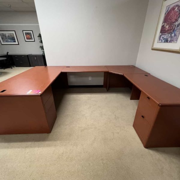 cherry u-desk with rounded edges, two drawer file systems, center view