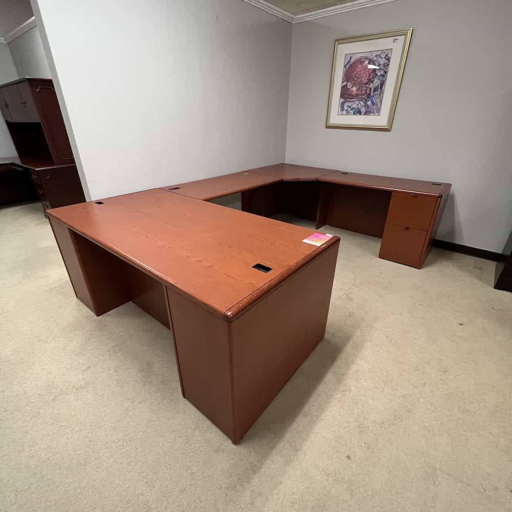 cherry u-desk with rounded edges, two drawer file systems