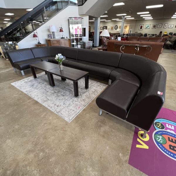 dark slate taupe leather rounded top u-shape extra large couch bench seating, second side view