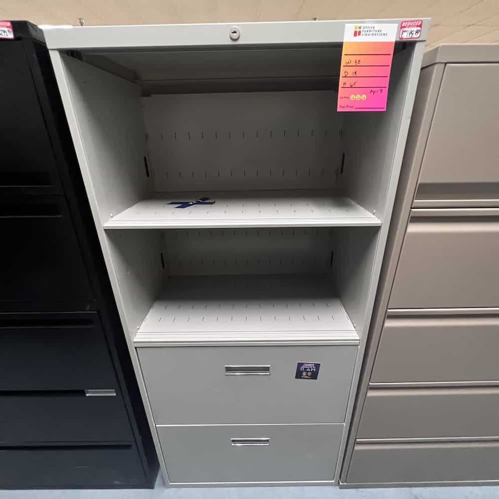 grey metal 2 drawer lateral with shelves on top