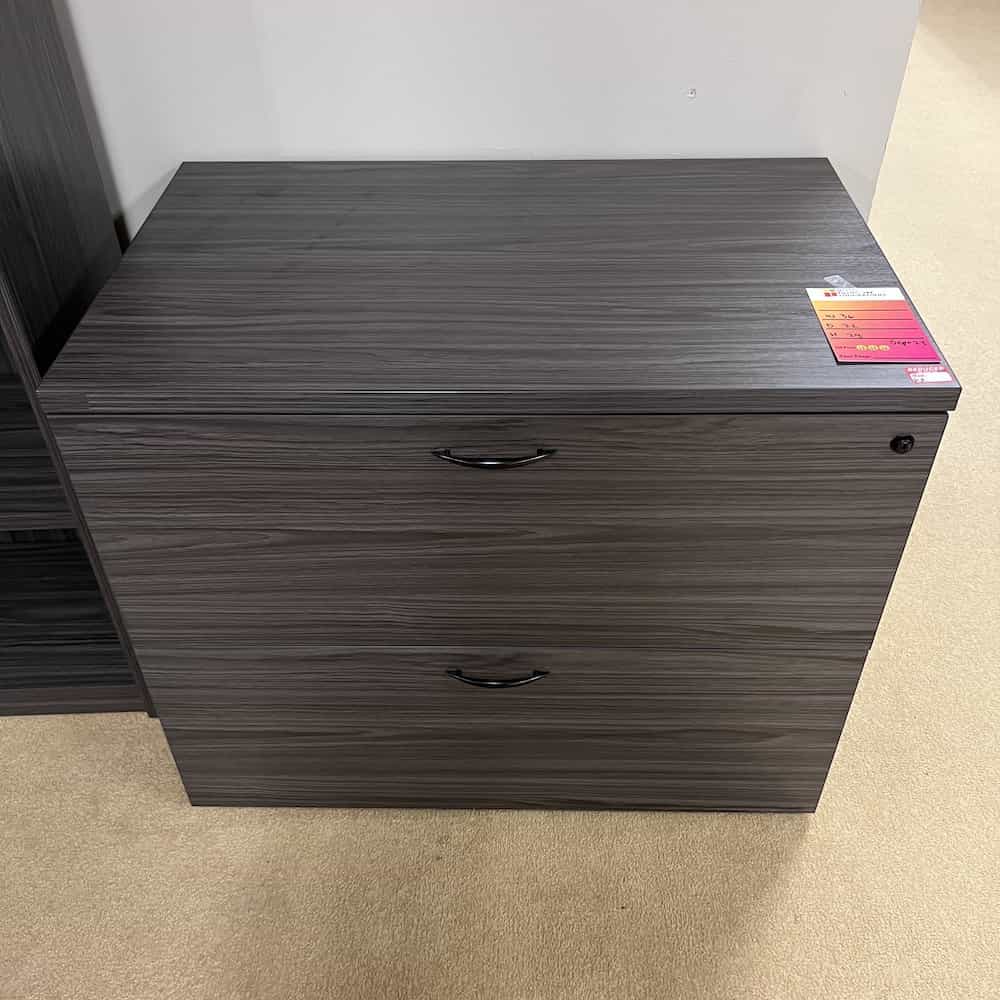grey laminate 2 drawer lateral file with black pulls