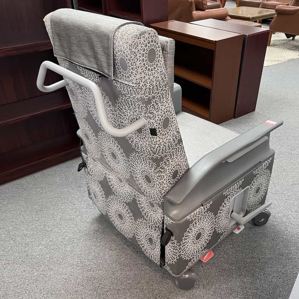 snowflake patterned silver vinyl, back view, grey wheels