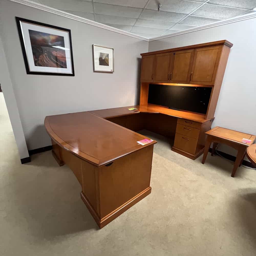 72" DMI Honey Bowfront UDesk with Hutch Right Return Office