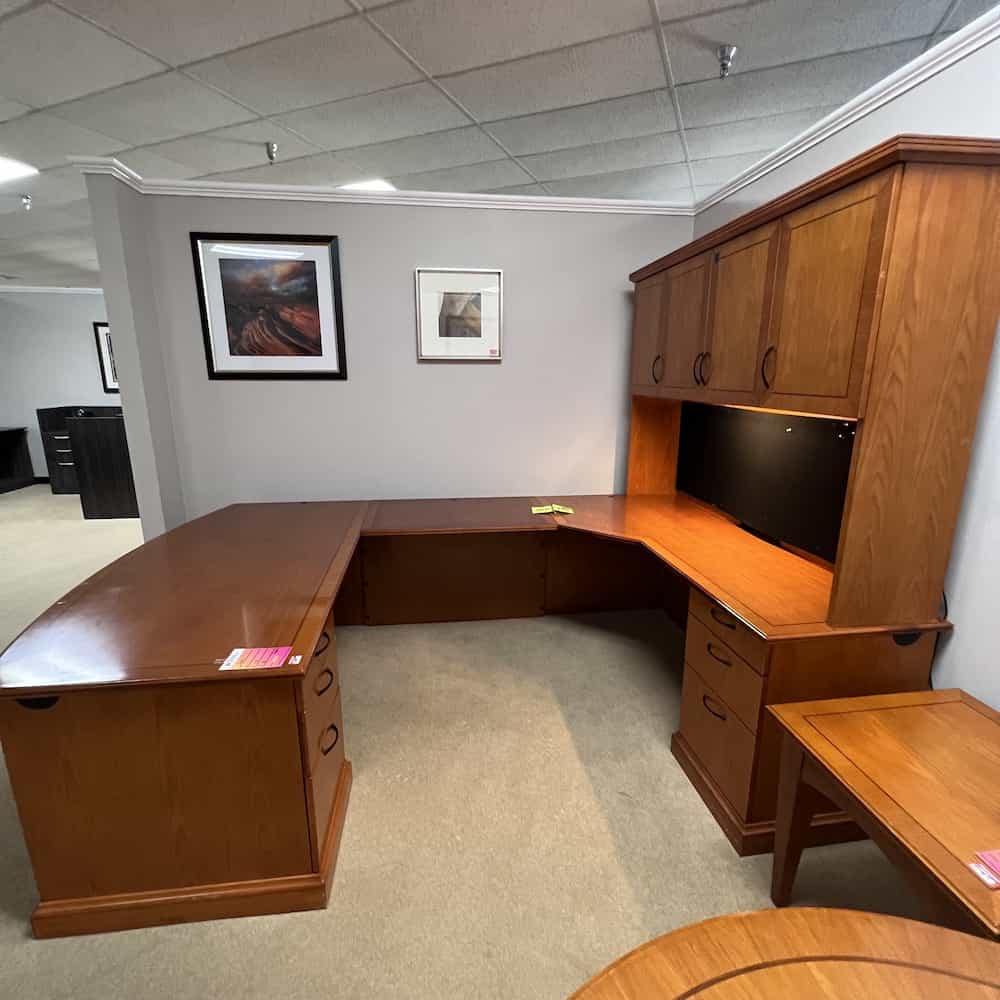 72" DMI Honey Bowfront UDesk with Hutch Right Return Office